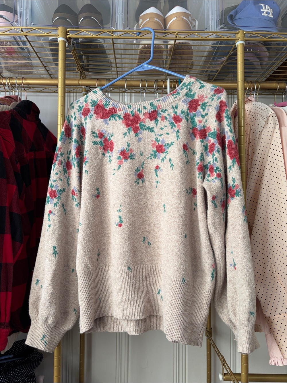 Floral Crewneck Sweater in Cream with Red Rose Print
